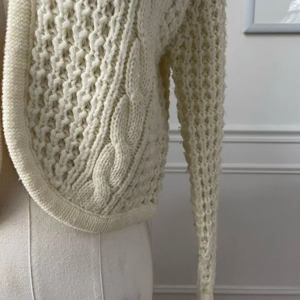 Vintage 80s Exclusive Imports Cropped Cardigan Sweater Fisherman Knit Ivory S M - Picture 4 of 7